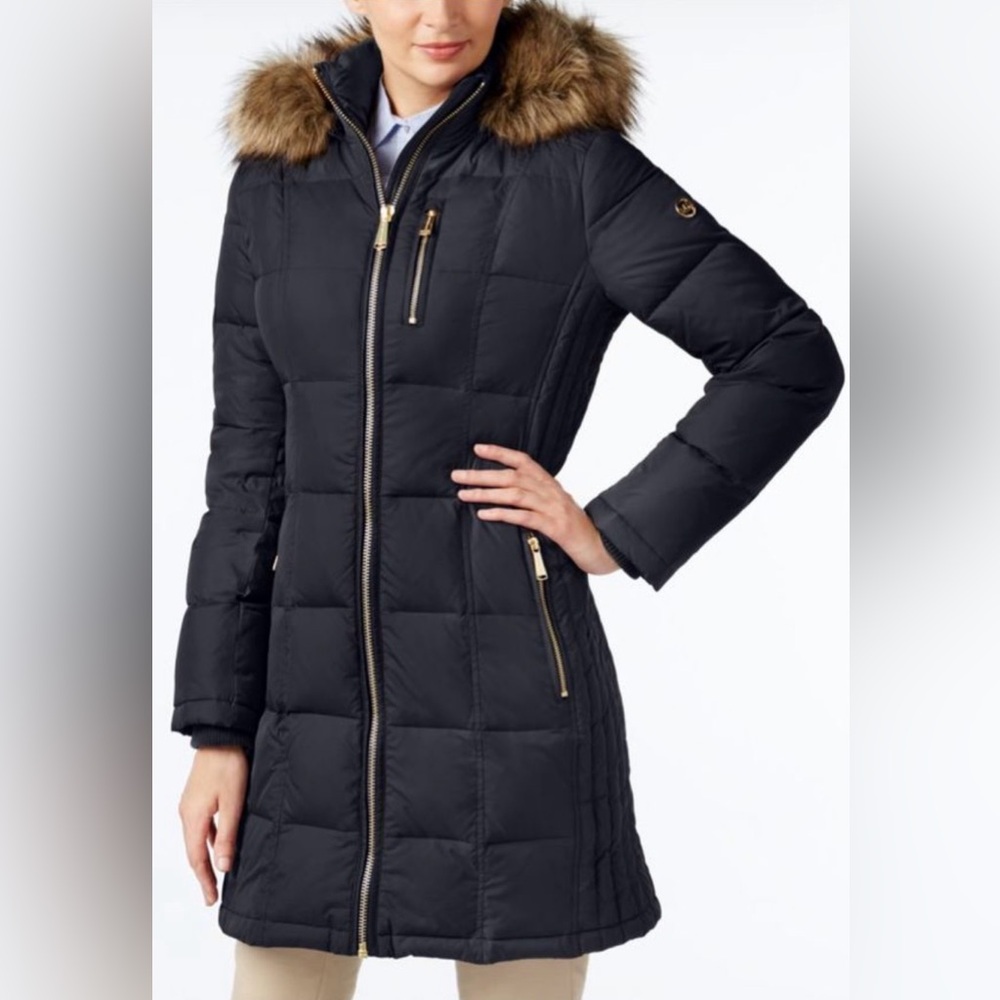 Michael Kors Black Puffer Coat with Faux Fur Hood